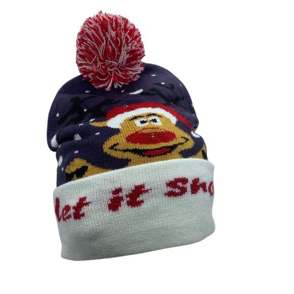 Christmas "Let It Snow" Knit Beanie With Reindeer & Pom-Pom LED Light Up - Picture 3 of 6